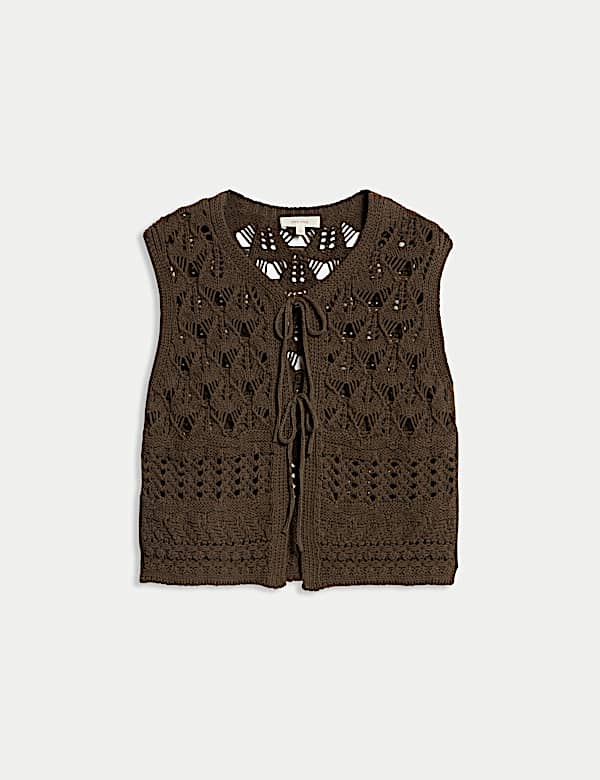 Cotton Rich Knitted Fringed Tie Front Waistcoat - CA