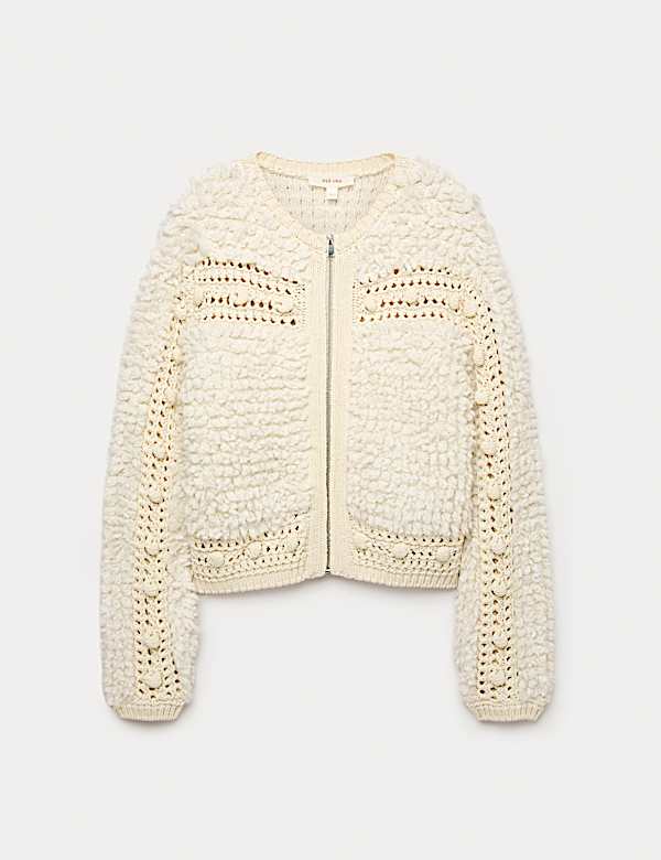 Textured Round Neck Zip Up Cropped Cardigan - KR