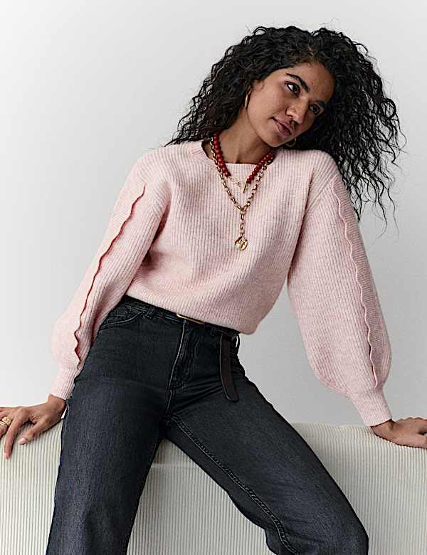 Knitted Scallop Sleeve Trim Jumper - IL