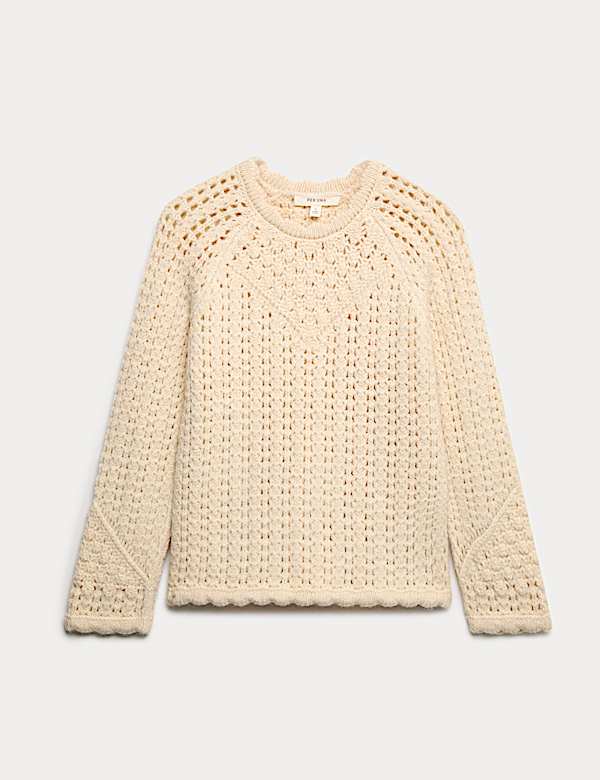 Chunky Pointelle Crew Neck Jumper with Wool - ID