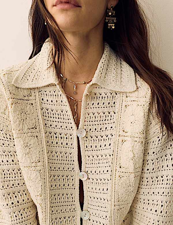 Cardigan en coton m&eacute;lang&eacute; &agrave; encolure et motif crochet - LU