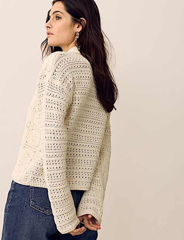 Cardigan en coton m&eacute;lang&eacute; &agrave; encolure et motif crochet - LU