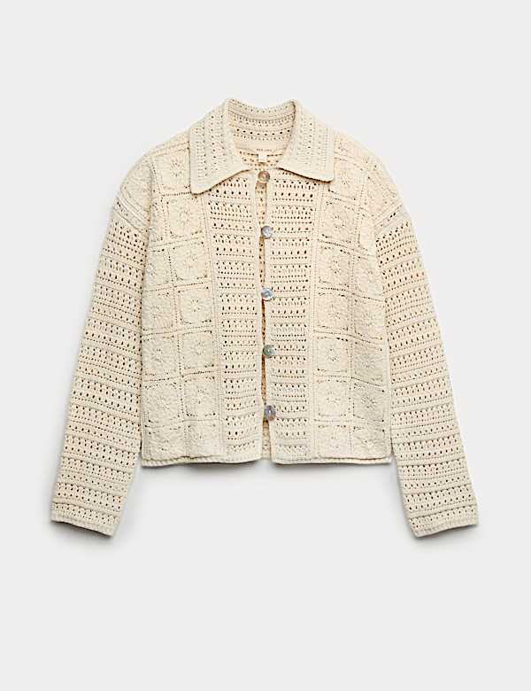 Cardigan en coton m&eacute;lang&eacute; &agrave; encolure et motif crochet - LU