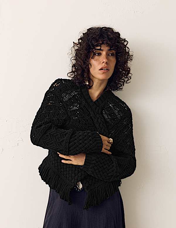 קרדיגן מבד עשיר בכותנה עם מכפלת פרנזים - IL