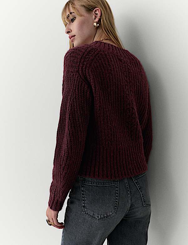 Ribbed V-Neck Puff Sleeve Jumper with Wool - GR
