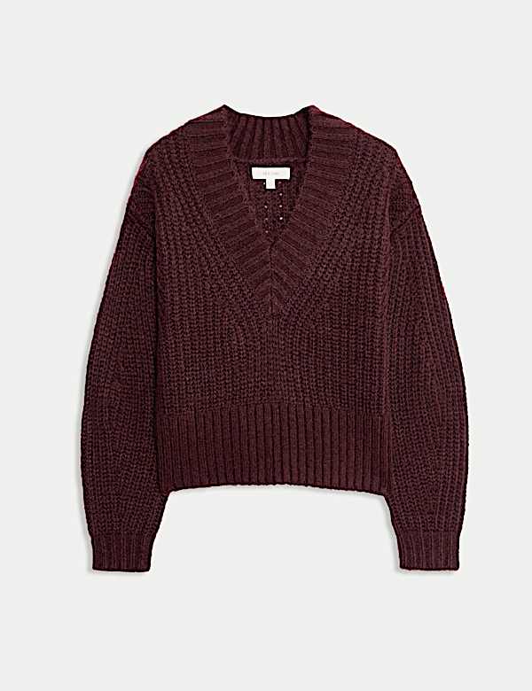 Ribbed V-Neck Puff Sleeve Jumper with Wool - GR