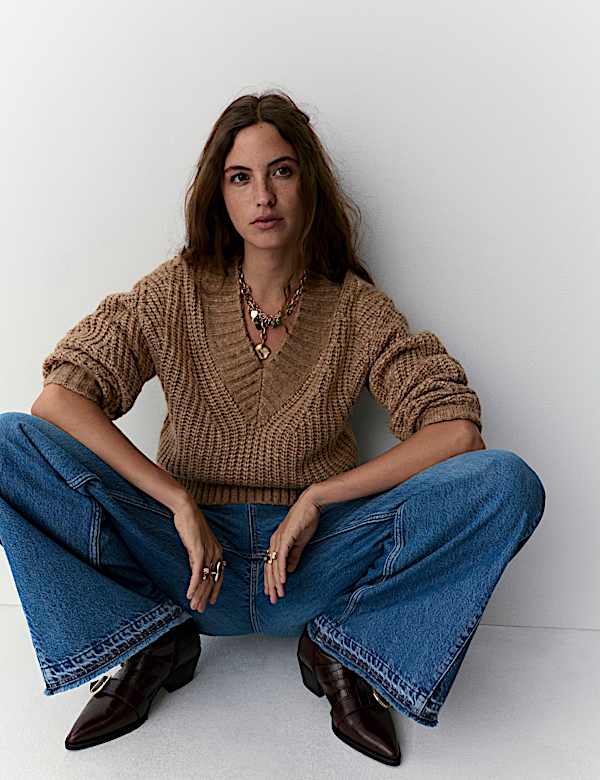 Ribbed V-Neck Puff Sleeve Jumper with Wool - ES