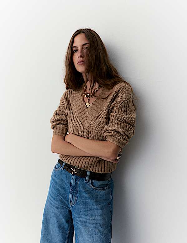 Ribbed V-Neck Puff Sleeve Jumper with Wool - JP