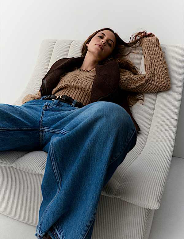 Ribbed V-Neck Puff Sleeve Jumper with Wool - JP