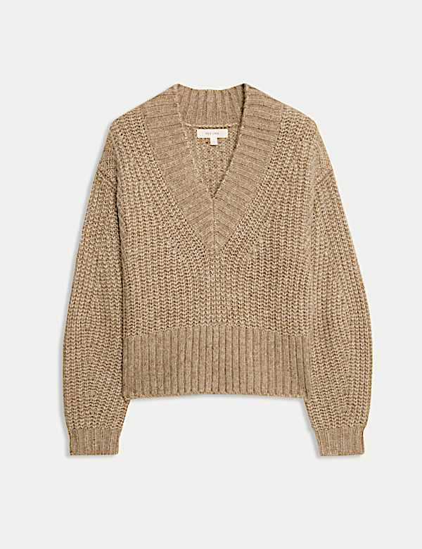 Ribbed V-Neck Puff Sleeve Jumper with Wool - JP