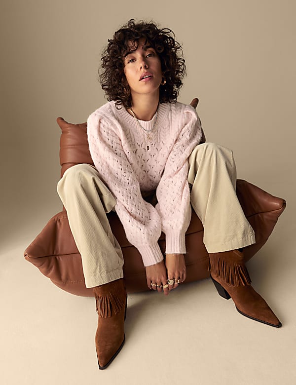 Kabelgebreide trui met pofmouwen en alpacawol - NL