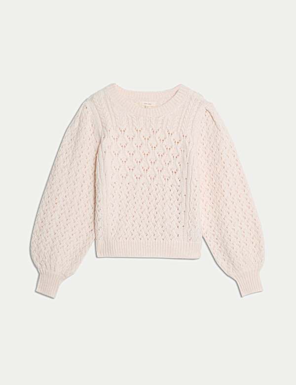 Kabelgebreide trui met pofmouwen en alpacawol - NL