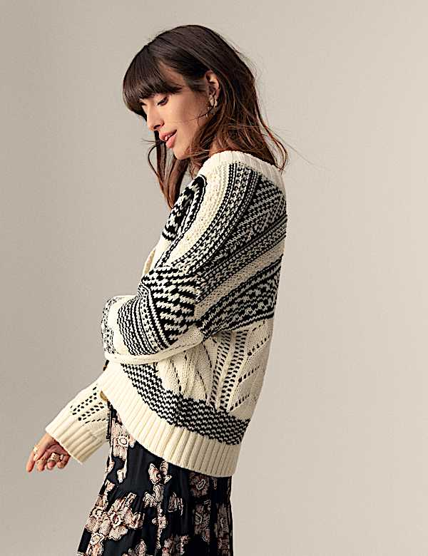 Cotton Rich Striped Textured V-Neck Cardigan - RO