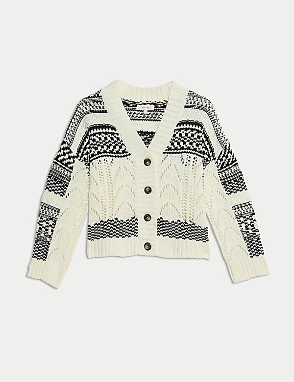 Cotton Rich Striped Textured V-Neck Cardigan - RO