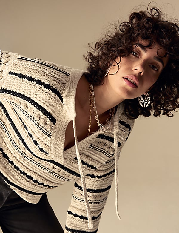 Cotton Rich Striped Textured V-Neck Jumper - US