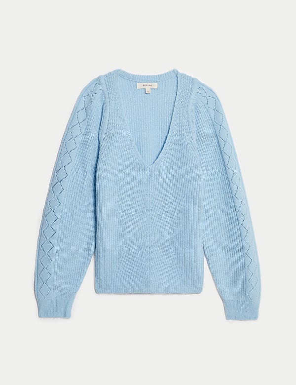 Pull en laine cintr&eacute; &agrave; col en V et motif textur&eacute; - LU