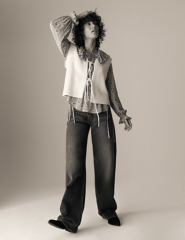 Geribde poncho met wol en strik aan de voorkant - BE