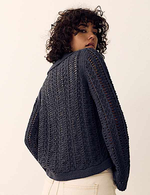 Cotton Rich Textured Collared Cardigan - LU