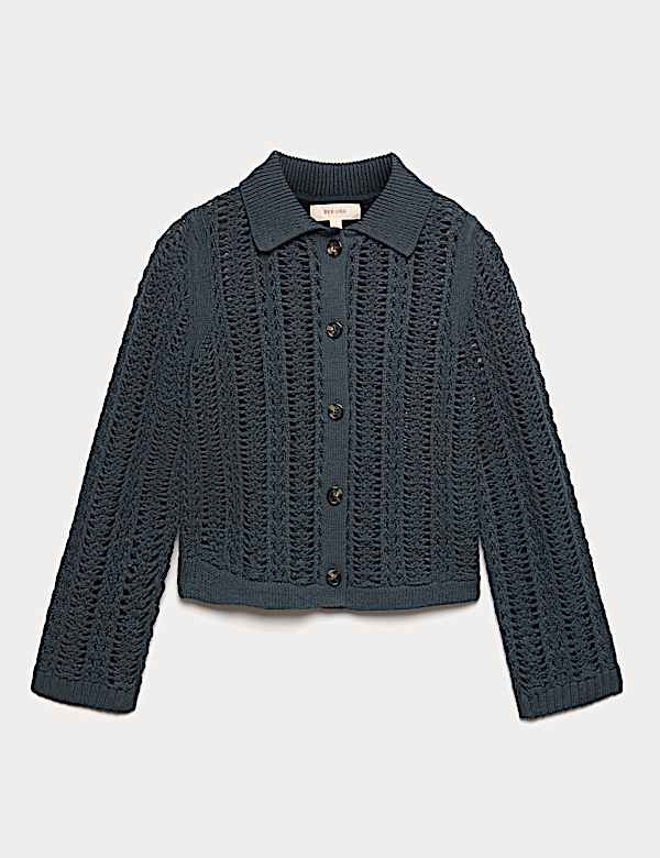 Cotton Rich Textured Collared Cardigan - LU