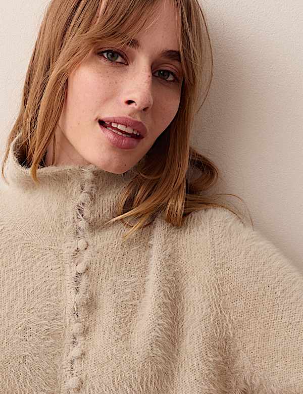 Fluffy Polo Neck Button Detail Jumper - CY