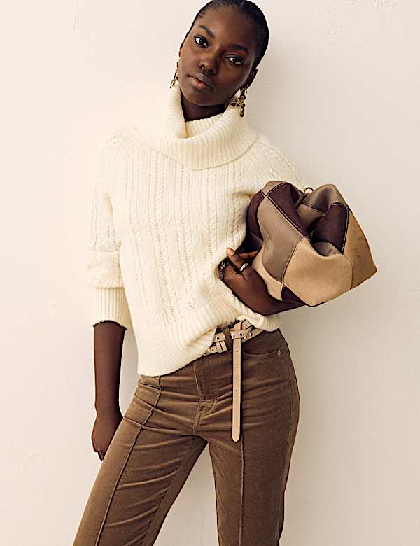 Pointelle Roll Neck Jumper with Wool - US