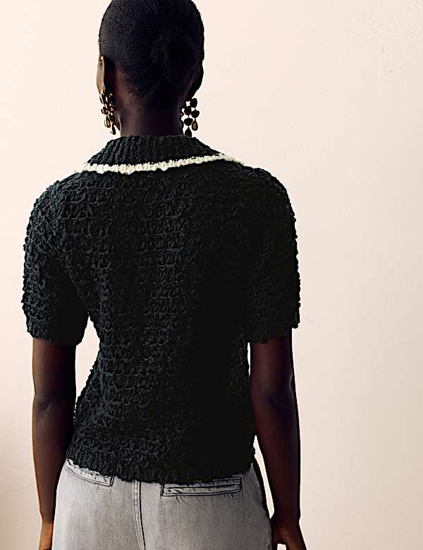 Textured Collared Short Sleeve Knitted Polo With Wool - RO