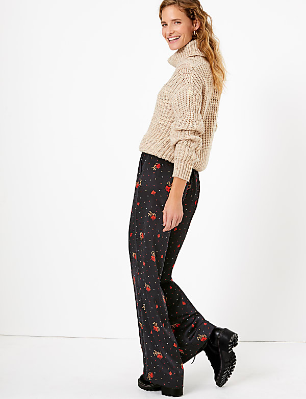 Satin Floral Print Wide Leg Trousers