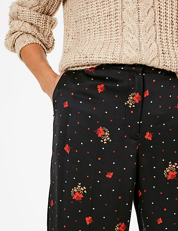 Satin Floral Print Wide Leg Trousers