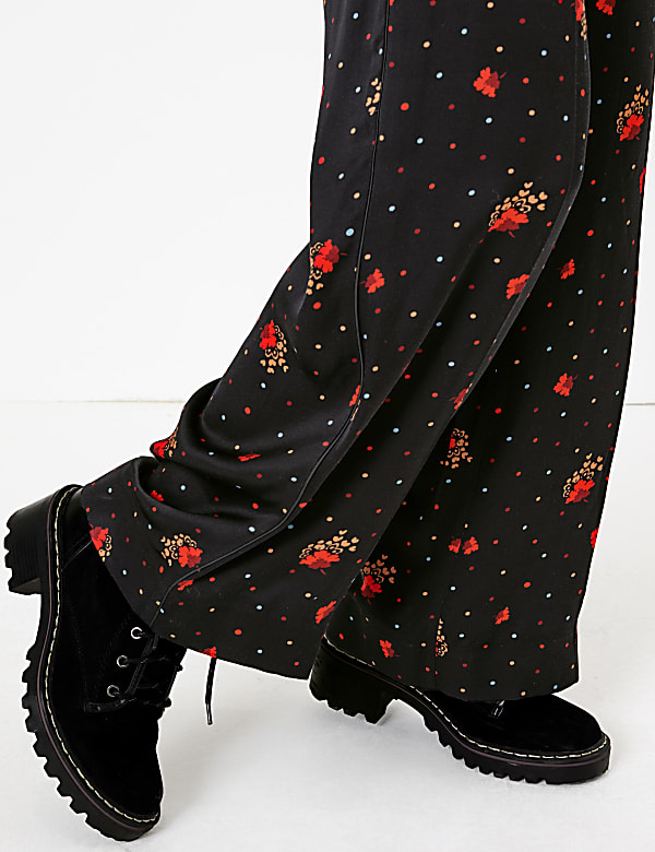 Satin Floral Print Wide Leg Trousers