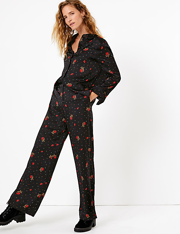 Satin Floral Print Wide Leg Trousers