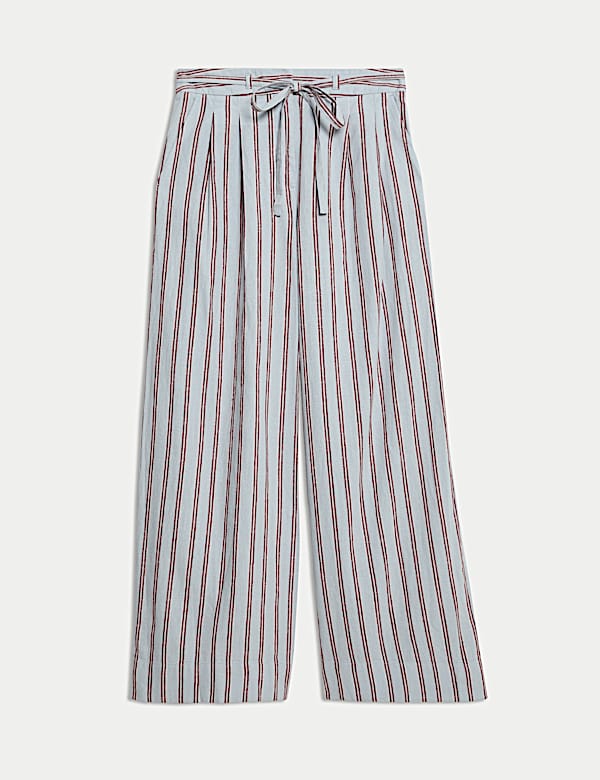 Pantalones de pata ancha a rayas en mezcla de lino con cord&oacute;n ajustable - ES