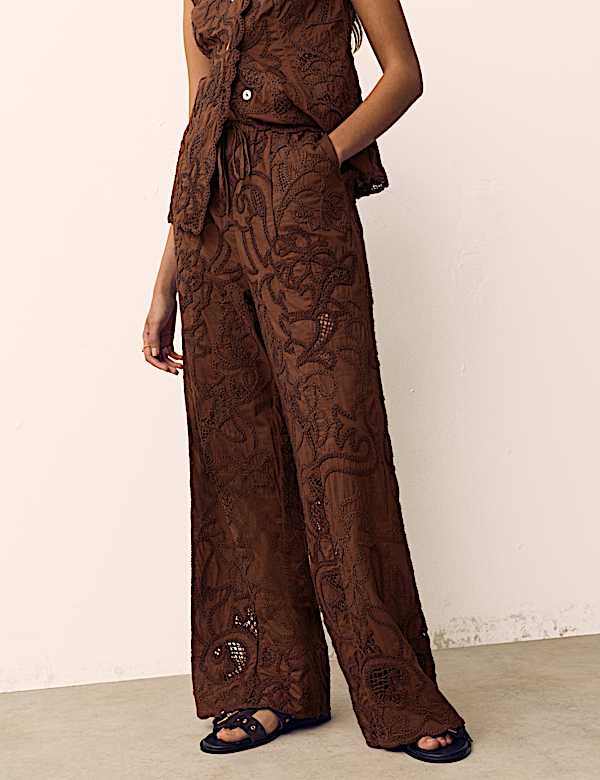 Cotton Embroidered Wide Leg Trousers