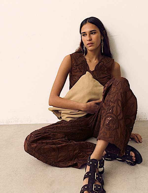 Cotton Embroidered Wide Leg Trousers