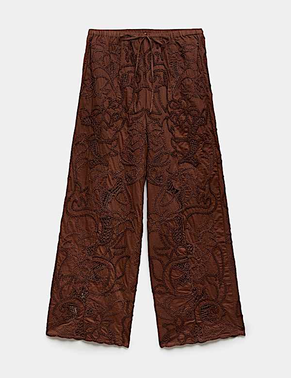 Cotton Embroidered Wide Leg Trousers