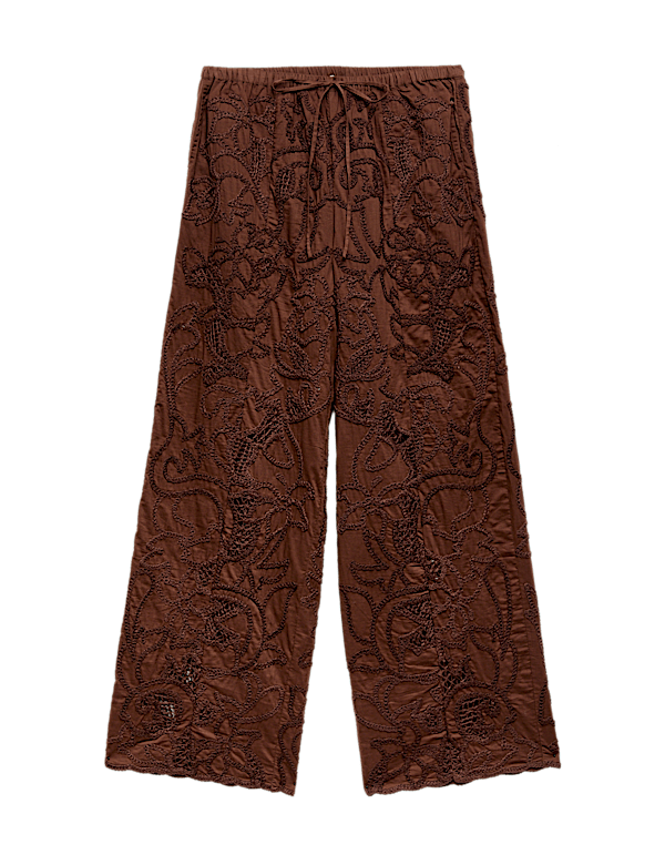 Cotton Embroidered Wide Leg Trousers
