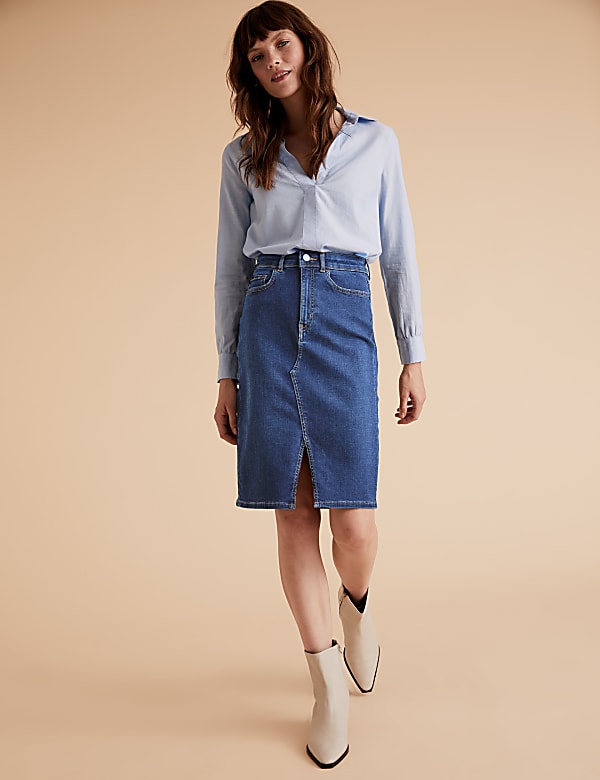 Knee length denim pencil skirts sales
