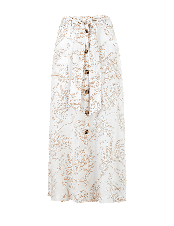 Linen Blend Printed Midi A-Line Skirt