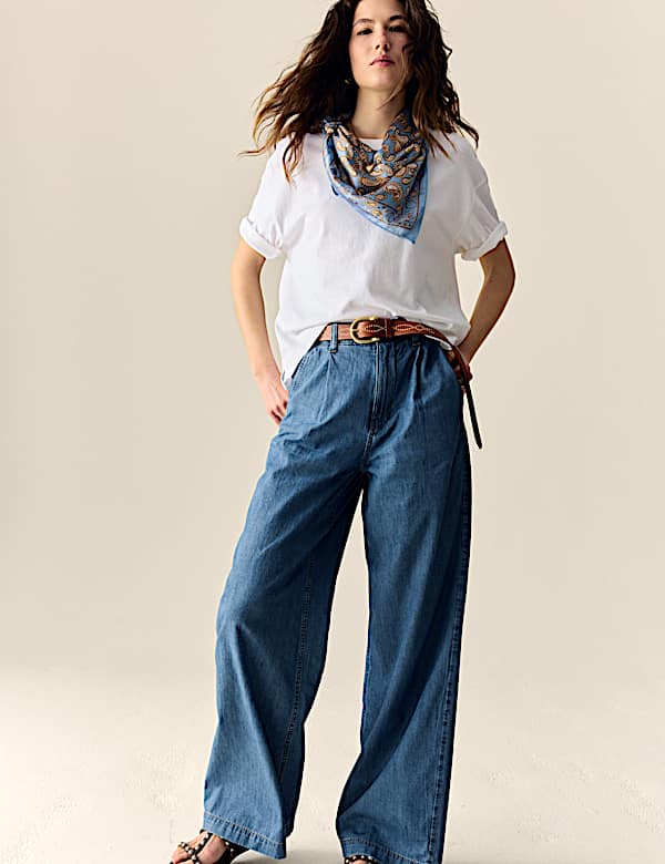 Denim High Waisted Pleat Front Wide Leg Jeans - NO