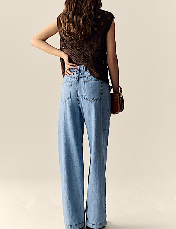 Denim High Waisted Pleat Front Wide Leg Jeans - US