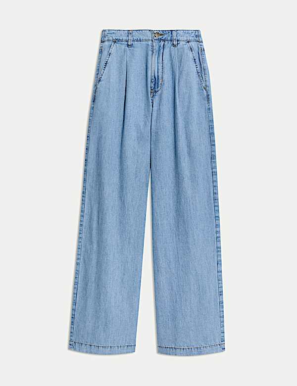 Denim High Waisted Pleat Front Wide Leg Jeans - US