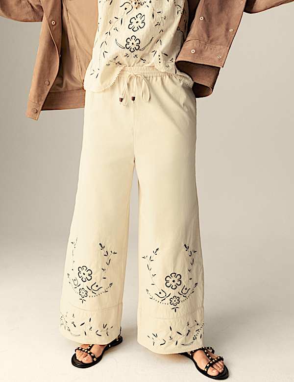 Pure Cotton Embroidered Drawstring Wide Leg Trousers - US