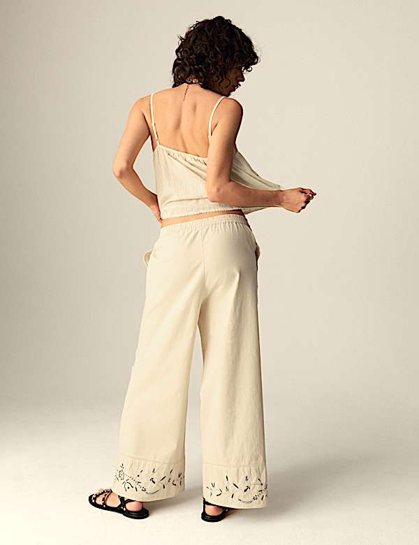 Pure Cotton Embroidered Drawstring Wide Leg Trousers - US