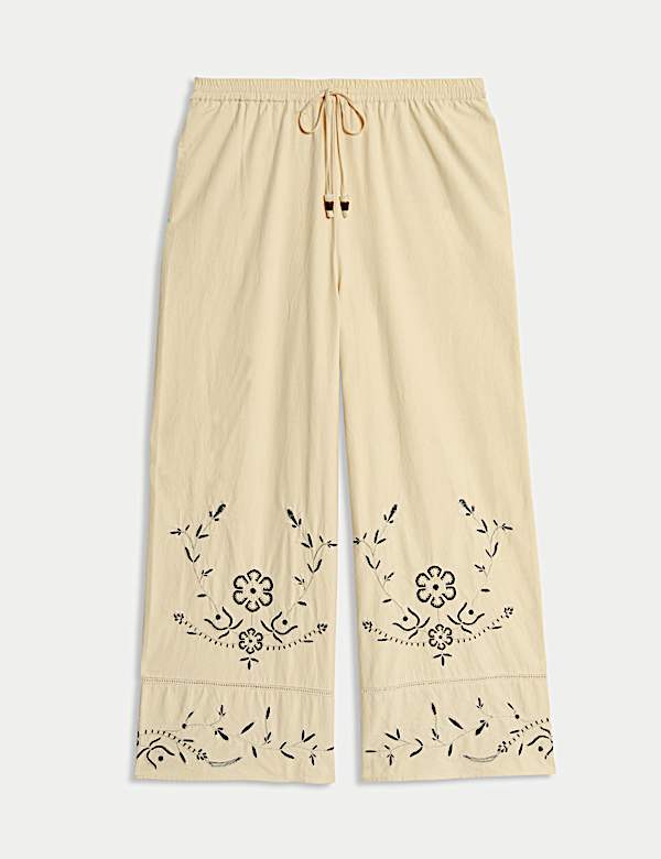 Pure Cotton Embroidered Drawstring Wide Leg Trousers - US