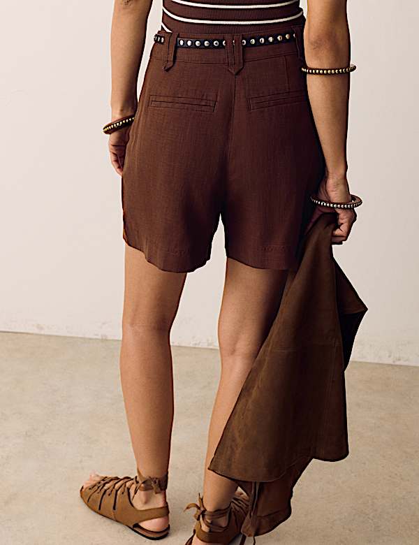 Linen Blend High Waisted Pleat Front Shorts - AU