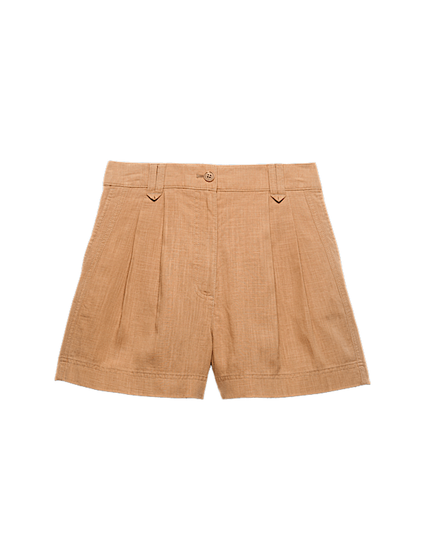 Linen Blend High Waisted Pleat Front Shorts