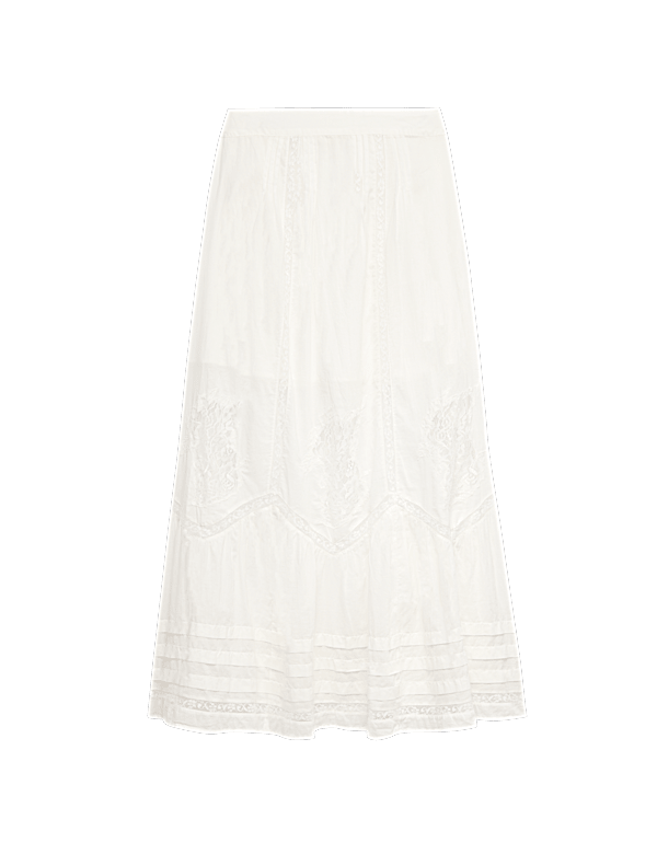 Pure Cotton Pintuck Lace Maxi A-Line Skirt