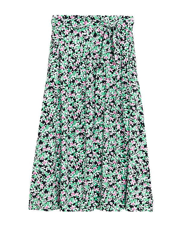 Jersey Floral Belted Midi A-Line Skirt