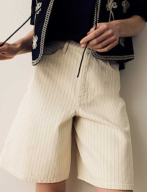 Cotton Rich Denim Striped Bermuda Shorts - BN