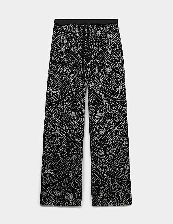 Embroidered Metallic Wide Leg Trousers - ID