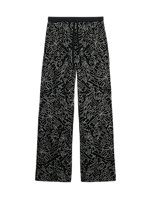 Embroidered Metallic Wide Leg Trousers